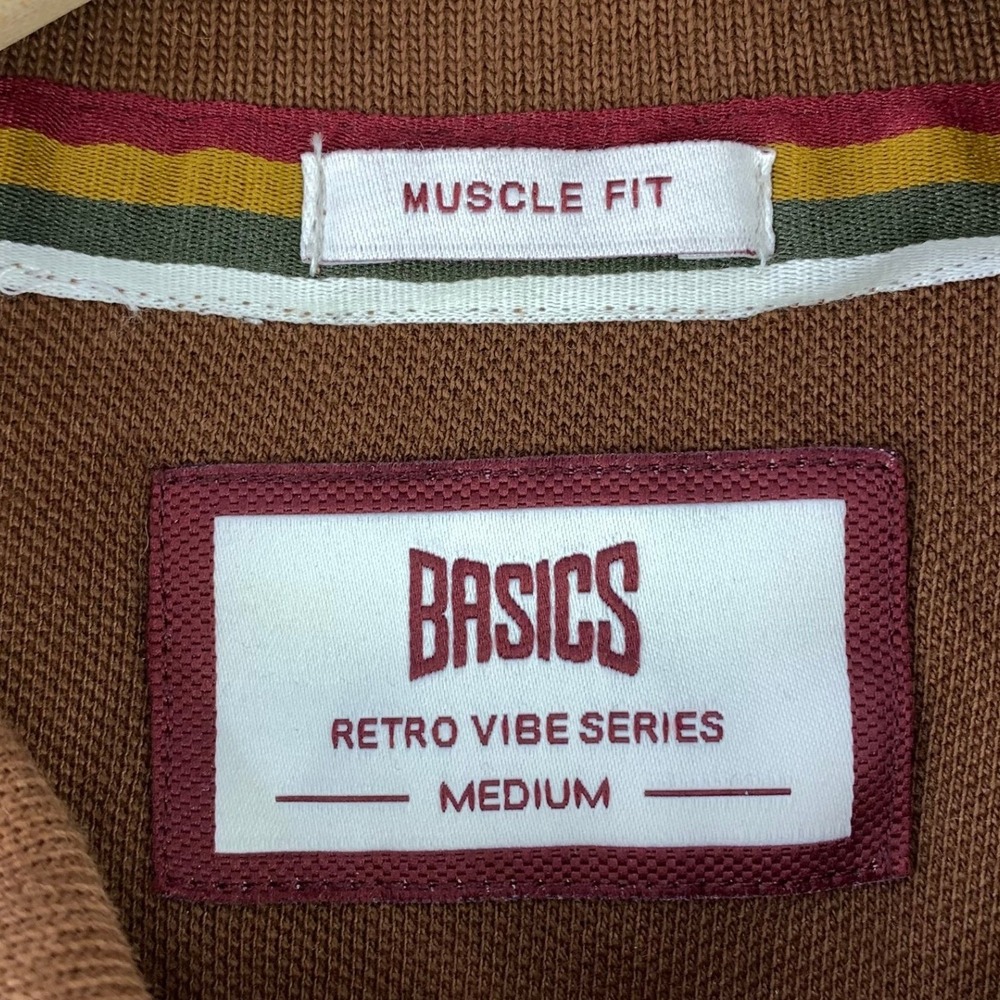 Basics Muscle Fit Polo Shirt Mens Medium Brown Preppy Retro Monogram Y2K - Picture 4 of 8